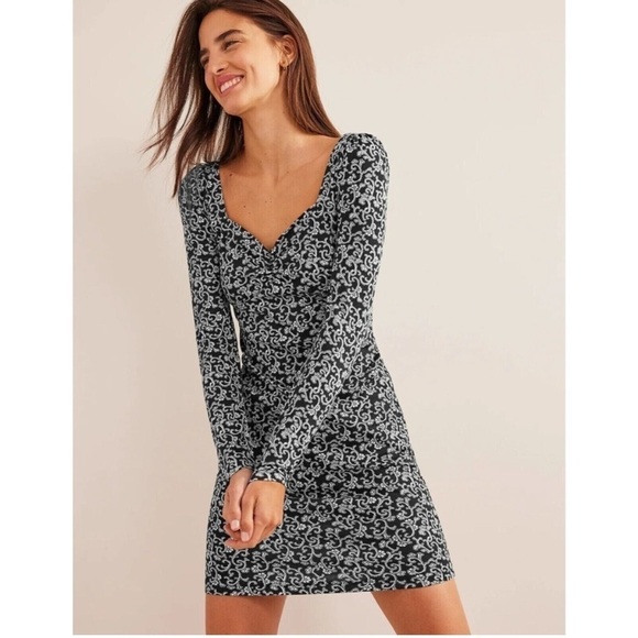 Boden Black White Floral Sweetheart Jersey Mini Dress Long Sleeve - Size 10 - Picture 3 of 8